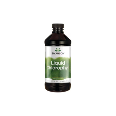 Swanson Liquid Chlorophyll, 16 fl oz (473 ml), dietary supplement with a black cap and white-green label, harnesses the natural power of photosynthesis.
